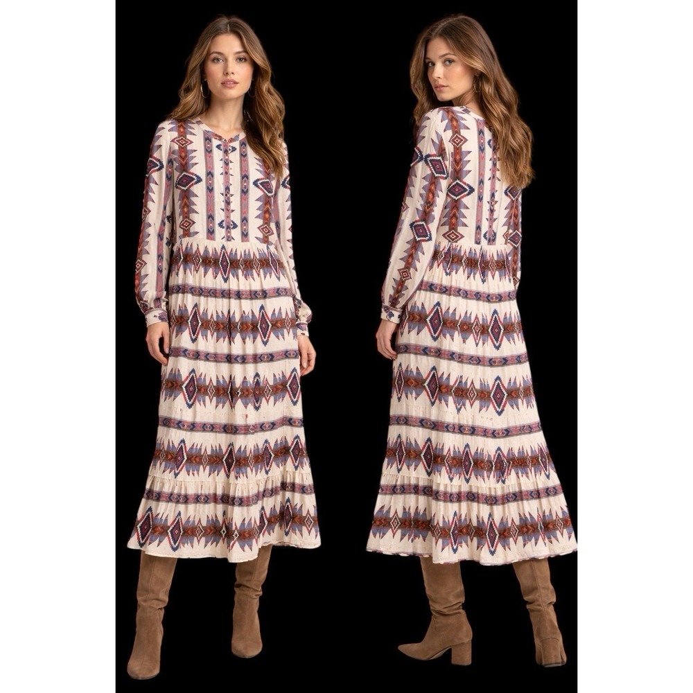The Kooples Dress M Midi Maxi Boho‎ Tiered Aztec Tribal Print Southwest Tiered